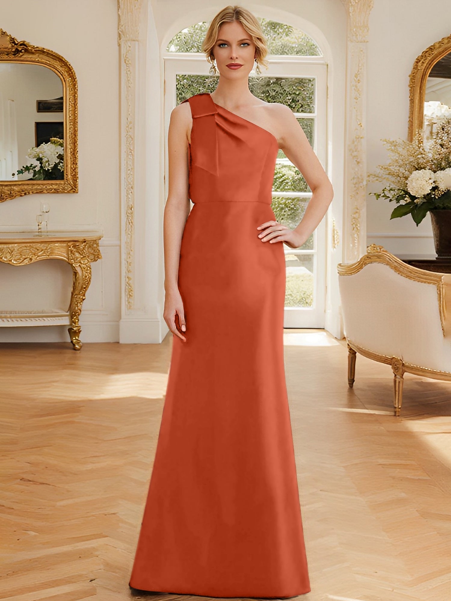 Sheath Column One Shoulder Sleeveless Satin Mother Of The Bride Dresses With Bowknot
