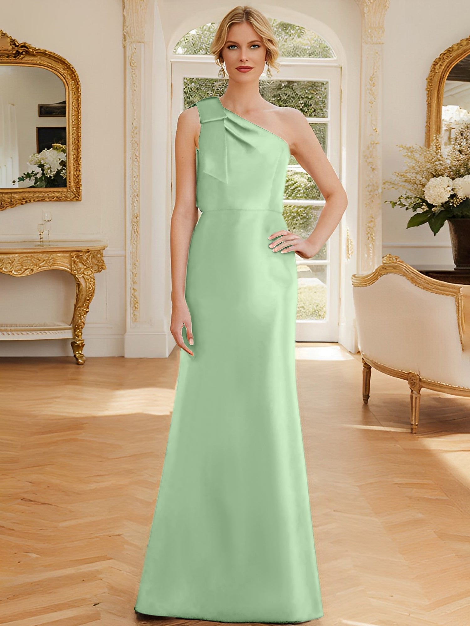 Sheath Column One Shoulder Sleeveless Satin Mother Of The Bride Dresses With Bowknot