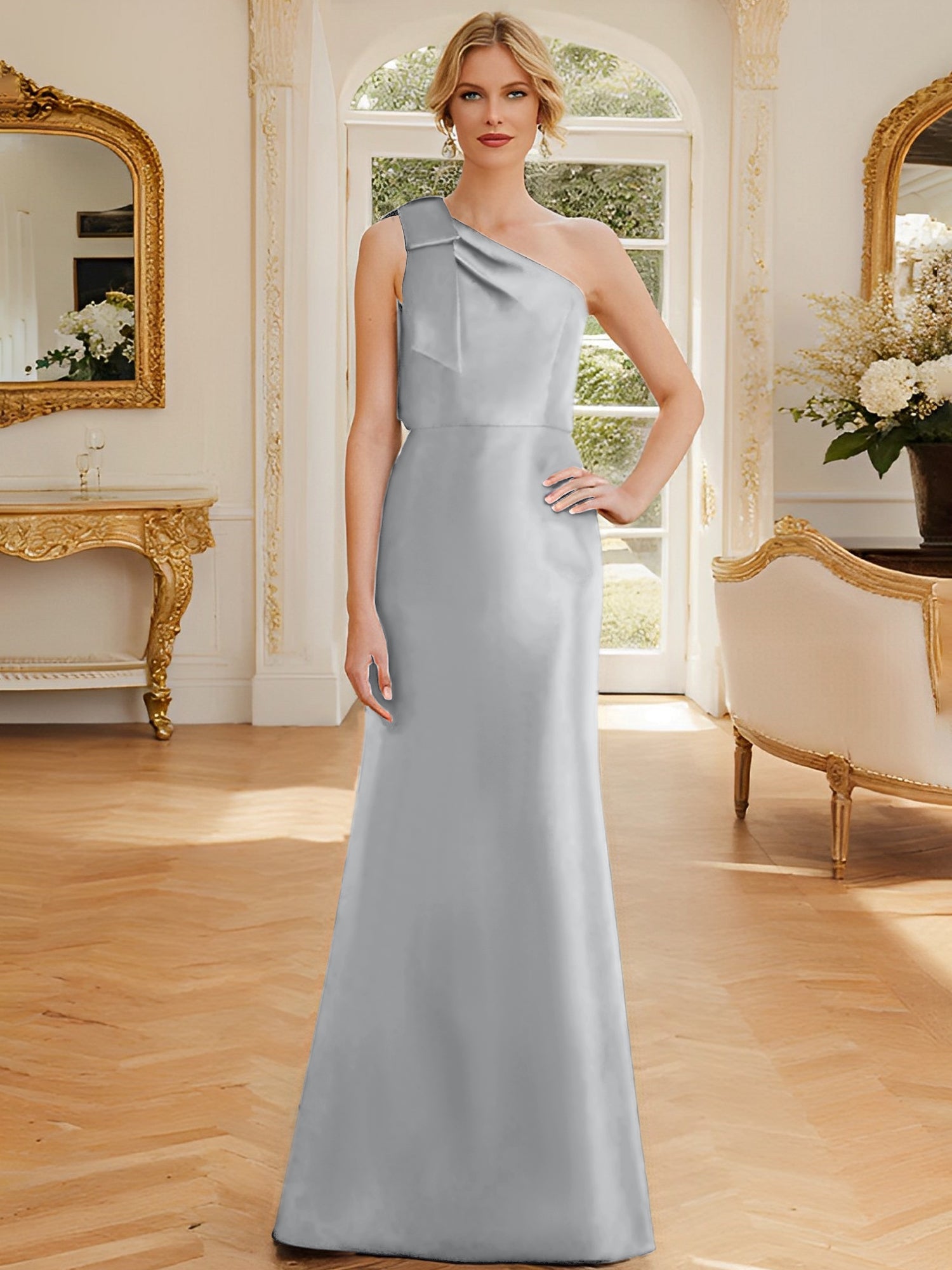 Sheath Column One Shoulder Sleeveless Satin Mother Of The Bride Dresses With Bowknot