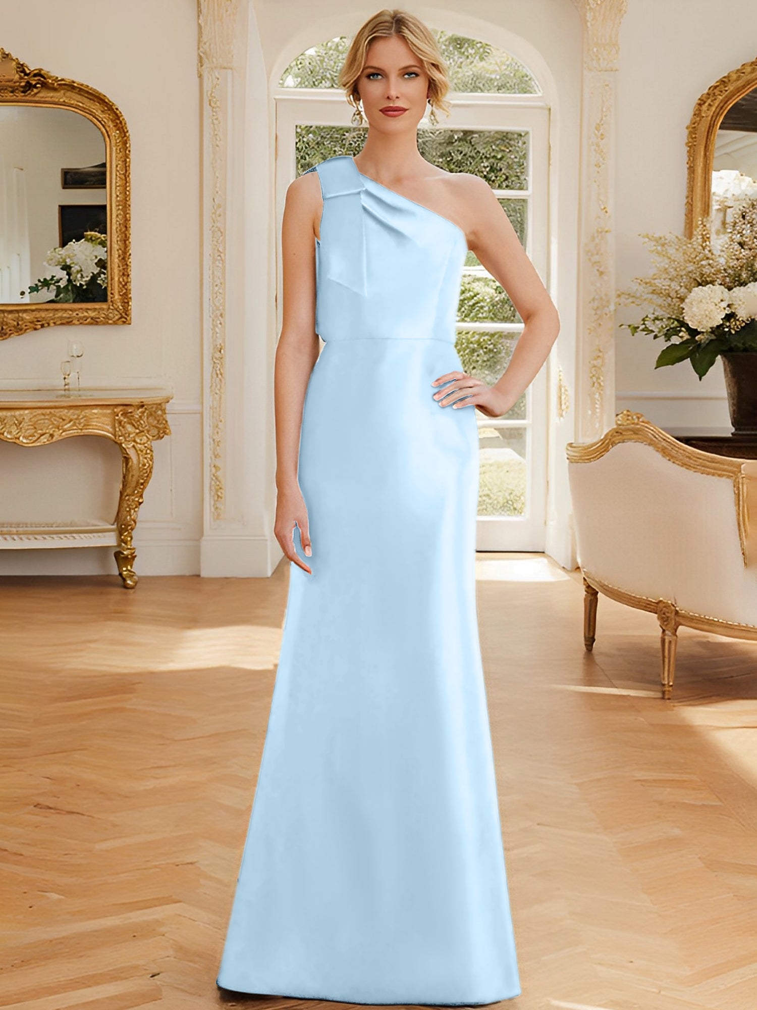 Sheath Column One Shoulder Sleeveless Satin Mother Of The Bride Dresses With Bowknot