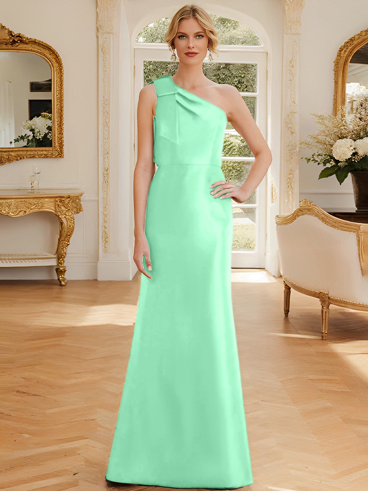 Sheath Column One Shoulder Sleeveless Satin Mother Of The Bride Dresses With Bowknot