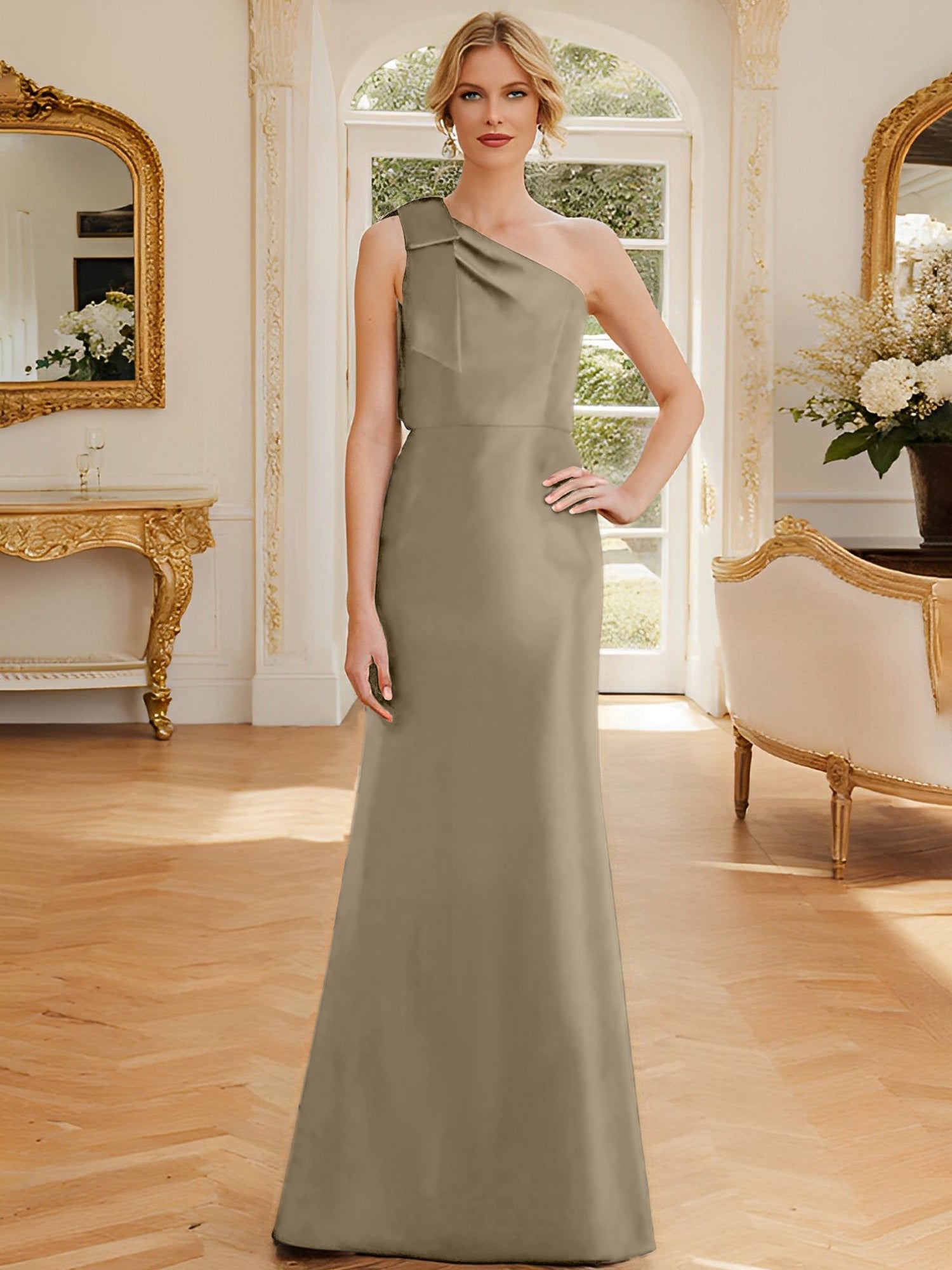 Sheath Column One Shoulder Sleeveless Satin Mother Of The Bride Dresses With Bowknot