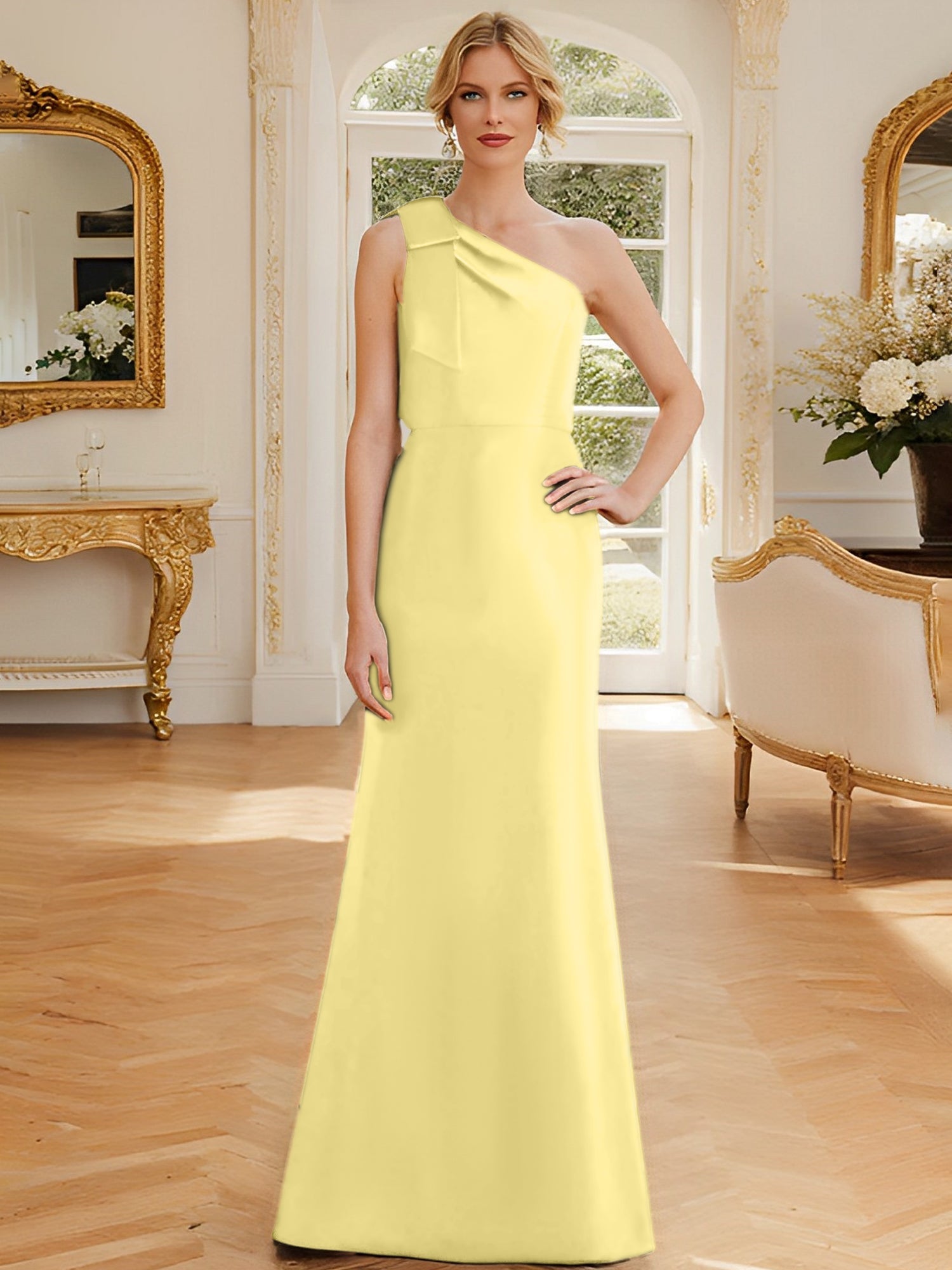 Sheath Column One Shoulder Sleeveless Satin Mother Of The Bride Dresses With Bowknot