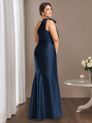 Sheath Column One Shoulder Sleeveless Satin Plus Size Mother Of The Bride Dresses With Bowknot