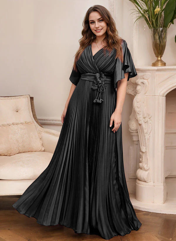 A Line Princess V Neck Short Sleeves Mother Of The Bride Dresses With Belt