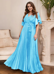 A Line Princess V Neck Short Sleeves Mother Of The Bride Dresses With Belt