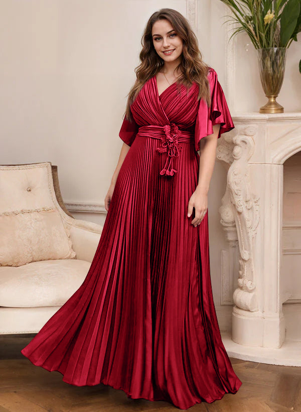 A Line Princess V Neck Short Sleeves Mother Of The Bride Dresses With Belt