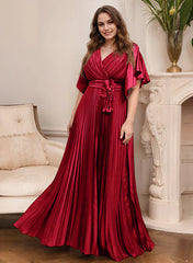A Line Princess V Neck Short Sleeves Mother Of The Bride Dresses With Belt