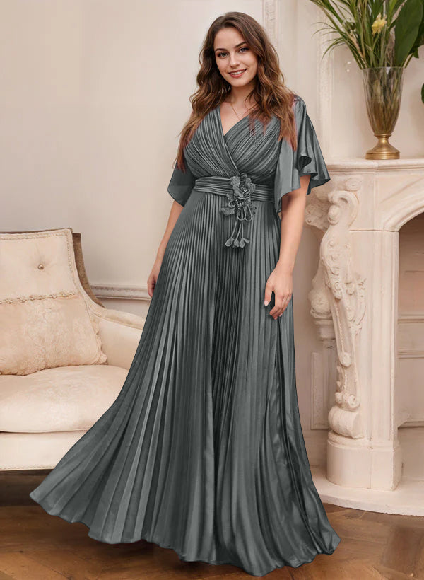 A Line Princess V Neck Short Sleeves Mother Of The Bride Dresses With Belt