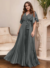 A Line Princess V Neck Short Sleeves Mother Of The Bride Dresses With Belt