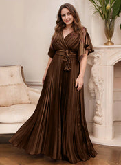 A Line Princess V Neck Short Sleeves Mother Of The Bride Dresses With Belt