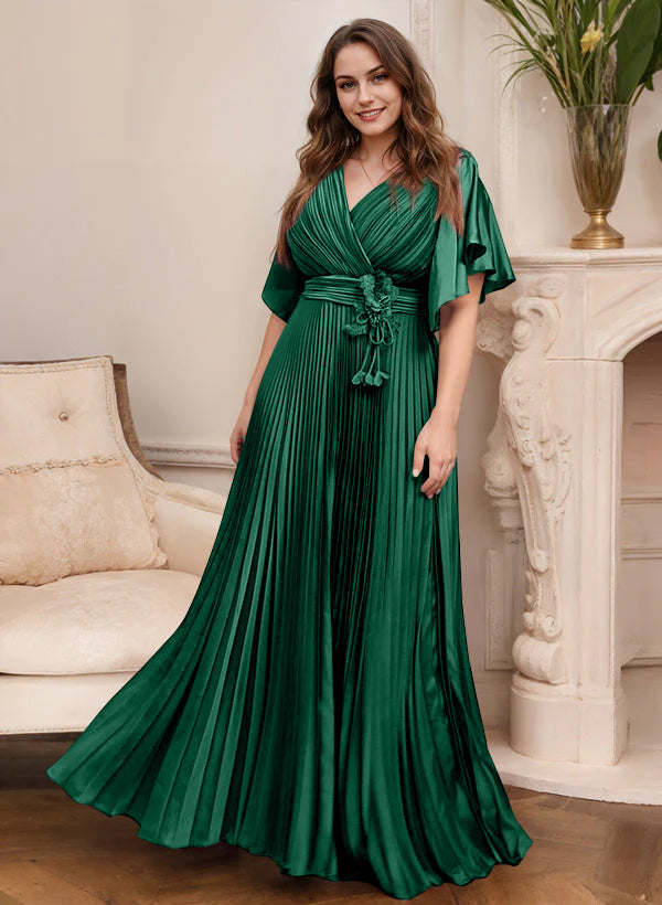 A Line Princess V Neck Short Sleeves Mother Of The Bride Dresses With Belt