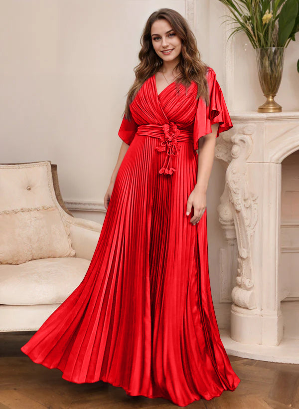 A Line Princess V Neck Short Sleeves Mother Of The Bride Dresses With Belt