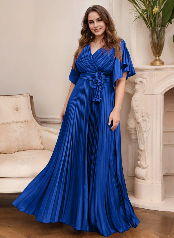 A Line Princess V Neck Short Sleeves Mother Of The Bride Dresses With Belt