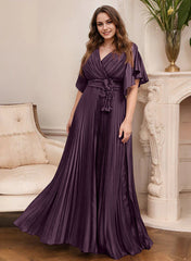 A Line Princess V Neck Short Sleeves Mother Of The Bride Dresses With Belt