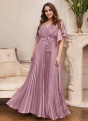 A Line Princess V Neck Short Sleeves Mother Of The Bride Dresses With Belt