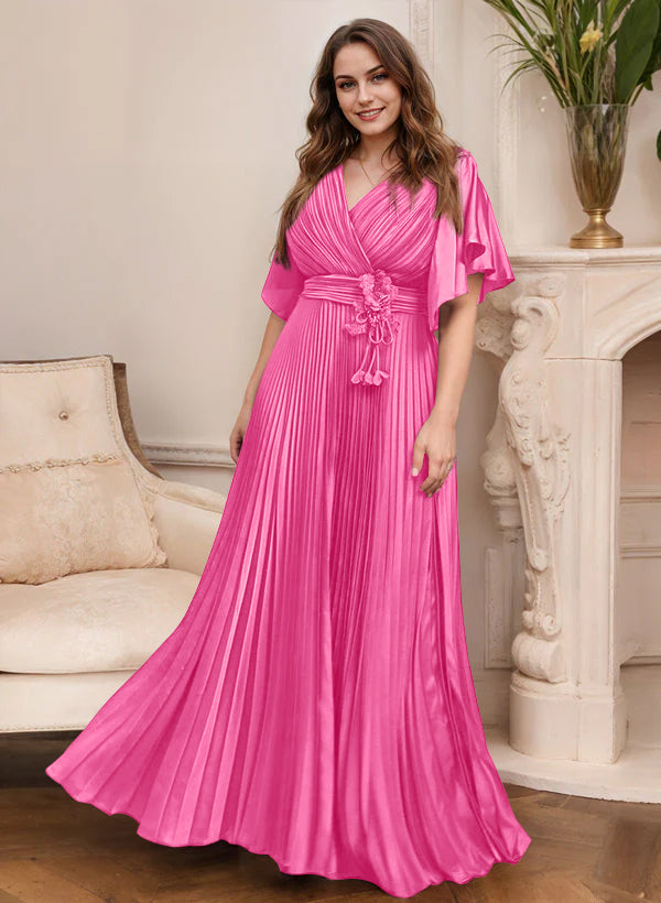 A Line Princess V Neck Short Sleeves Mother Of The Bride Dresses With Belt