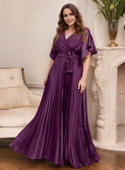A Line Princess V Neck Short Sleeves Mother Of The Bride Dresses With Belt