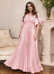 A Line Princess V Neck Short Sleeves Mother Of The Bride Dresses With Belt