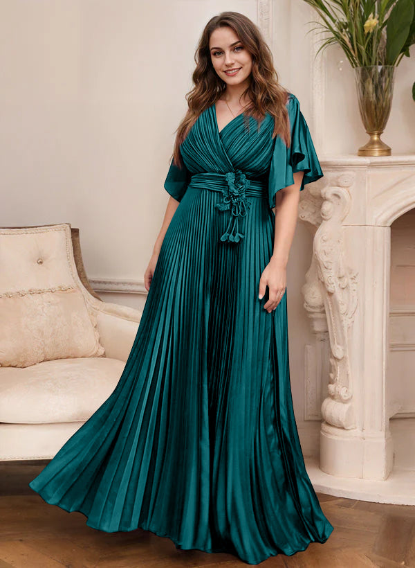 A Line Princess V Neck Short Sleeves Mother Of The Bride Dresses With Belt