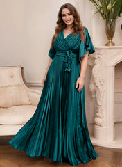 A Line Princess V Neck Short Sleeves Mother Of The Bride Dresses With Belt