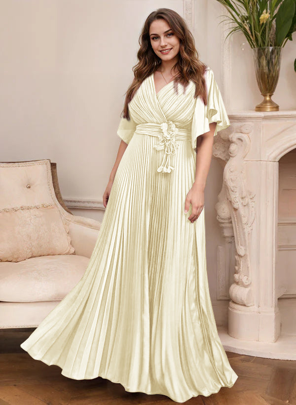 A Line Princess V Neck Short Sleeves Mother Of The Bride Dresses With Belt