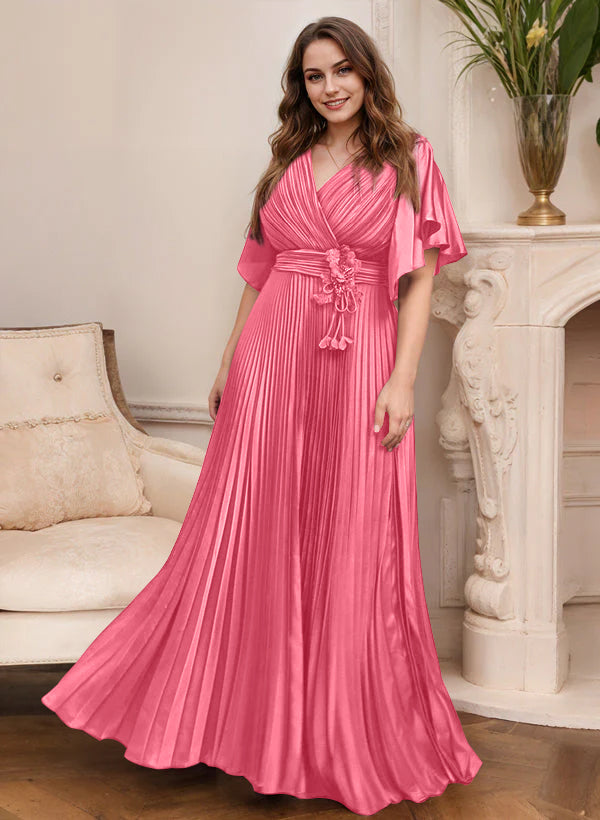 A Line Princess V Neck Short Sleeves Mother Of The Bride Dresses With Belt