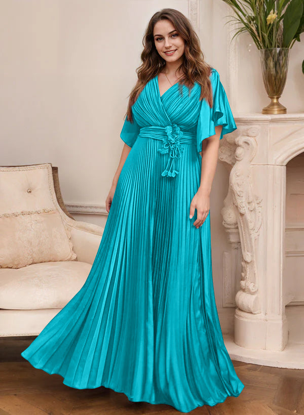 A Line Princess V Neck Short Sleeves Mother Of The Bride Dresses With Belt