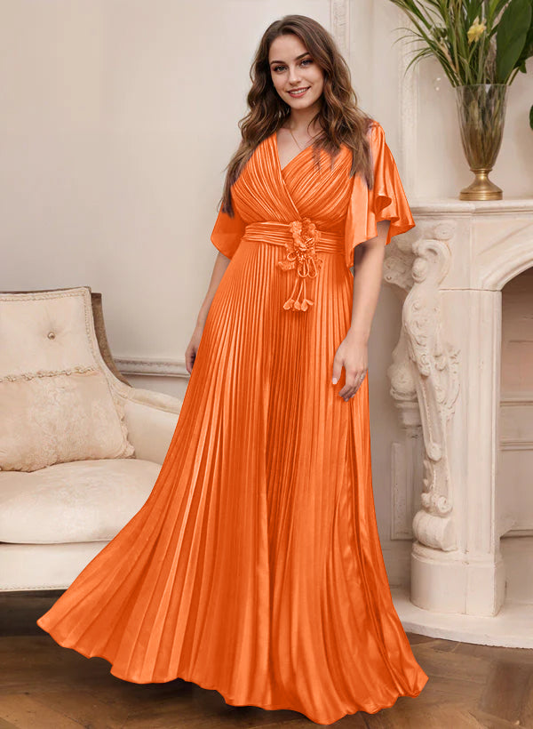 A Line Princess V Neck Short Sleeves Mother Of The Bride Dresses With Belt