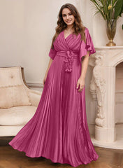 A Line Princess V Neck Short Sleeves Mother Of The Bride Dresses With Belt