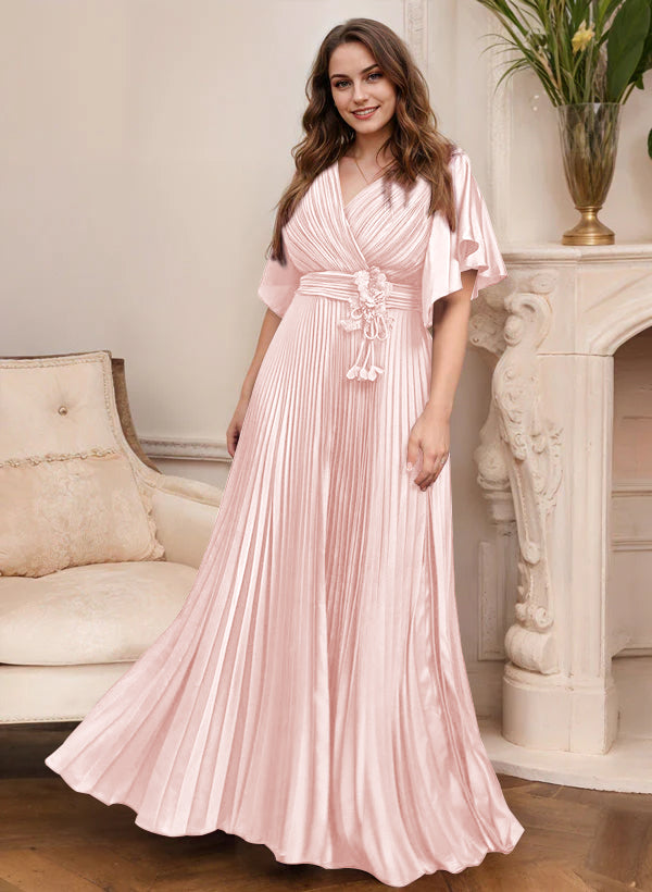 A Line Princess V Neck Short Sleeves Mother Of The Bride Dresses With Belt