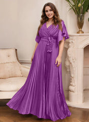 A Line Princess V Neck Short Sleeves Mother Of The Bride Dresses With Belt