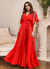 A Line Princess V Neck Short Sleeves Mother Of The Bride Dresses With Belt