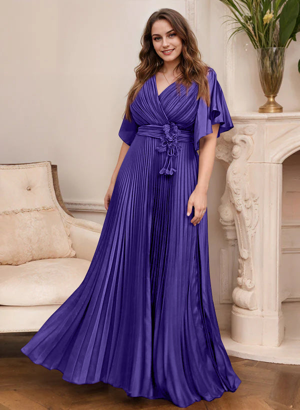 A Line Princess V Neck Short Sleeves Mother Of The Bride Dresses With Belt