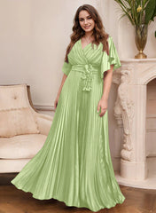 A Line Princess V Neck Short Sleeves Mother Of The Bride Dresses With Belt