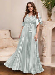 A Line Princess V Neck Short Sleeves Mother Of The Bride Dresses With Belt