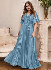 A Line Princess V Neck Short Sleeves Mother Of The Bride Dresses With Belt
