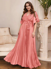 A Line Princess V Neck Short Sleeves Mother Of The Bride Dresses With Belt