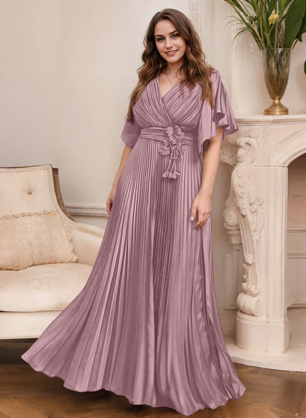A Line Princess V Neck Short Sleeves Mother Of The Bride Dresses With Belt