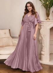A Line Princess V Neck Short Sleeves Mother Of The Bride Dresses With Belt
