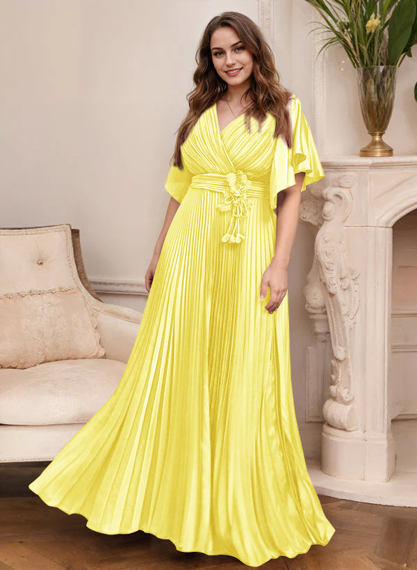 A Line Princess V Neck Short Sleeves Mother Of The Bride Dresses With Belt
