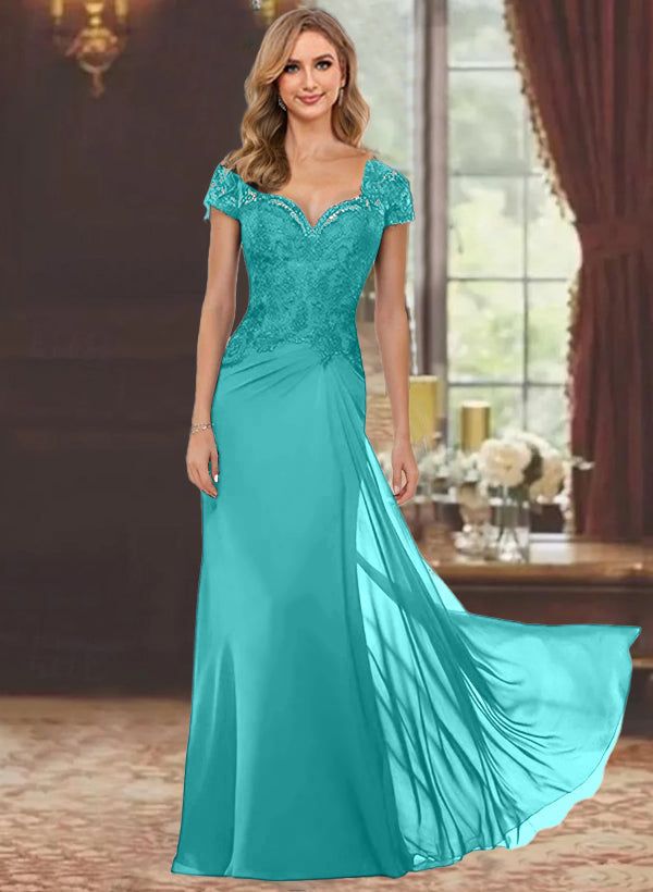 Sheath Column Sweetheart Short Sleeves Floor Length Mother Of The Bride Dresses With Appliques Lace Sequins
