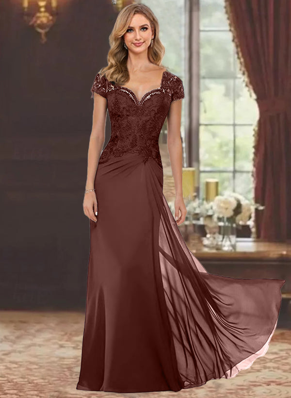 Sheath Column Sweetheart Short Sleeves Floor Length Mother Of The Bride Dresses With Appliques Lace Sequins