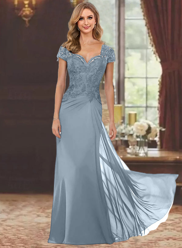 Sheath Column Sweetheart Short Sleeves Floor Length Mother Of The Bride Dresses With Appliques Lace Sequins