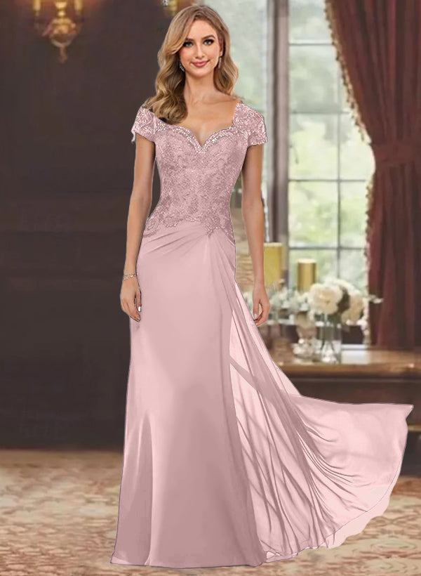 Sheath Column Sweetheart Short Sleeves Floor Length Mother Of The Bride Dresses With Appliques Lace Sequins