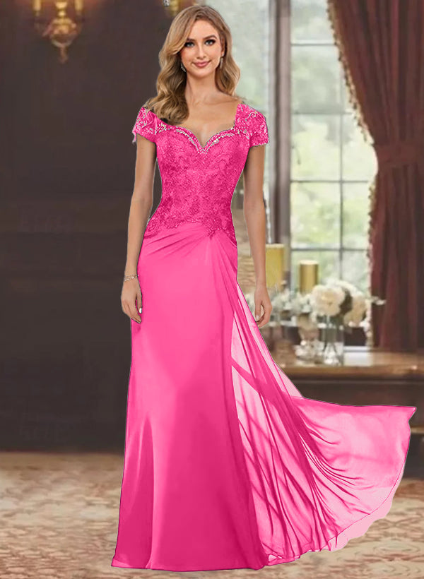 Sheath Column Sweetheart Short Sleeves Floor Length Mother Of The Bride Dresses With Appliques Lace Sequins