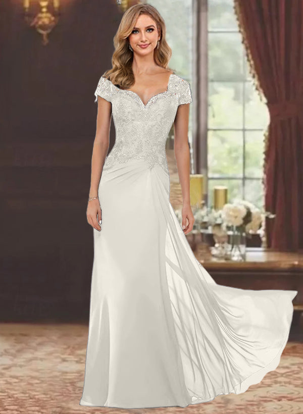 Sheath Column Sweetheart Short Sleeves Floor Length Mother Of The Bride Dresses With Appliques Lace Sequins