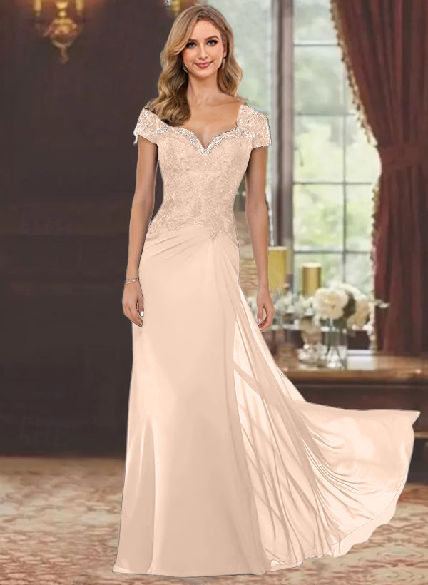 Sheath Column Sweetheart Short Sleeves Floor Length Mother Of The Bride Dresses With Appliques Lace Sequins