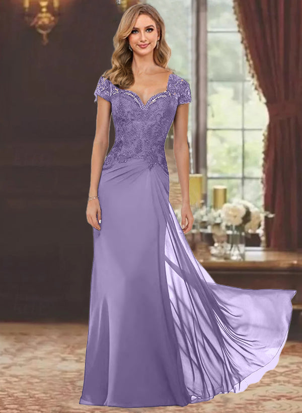 Sheath Column Sweetheart Short Sleeves Floor Length Mother Of The Bride Dresses With Appliques Lace Sequins