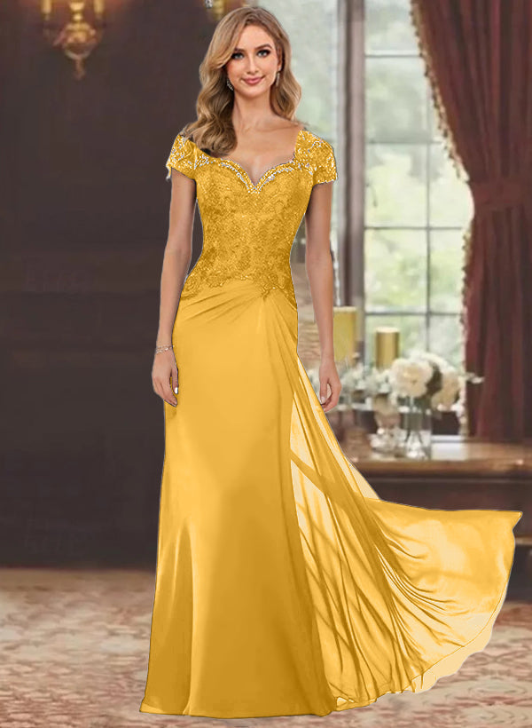 Sheath Column Sweetheart Short Sleeves Floor Length Mother Of The Bride Dresses With Appliques Lace Sequins